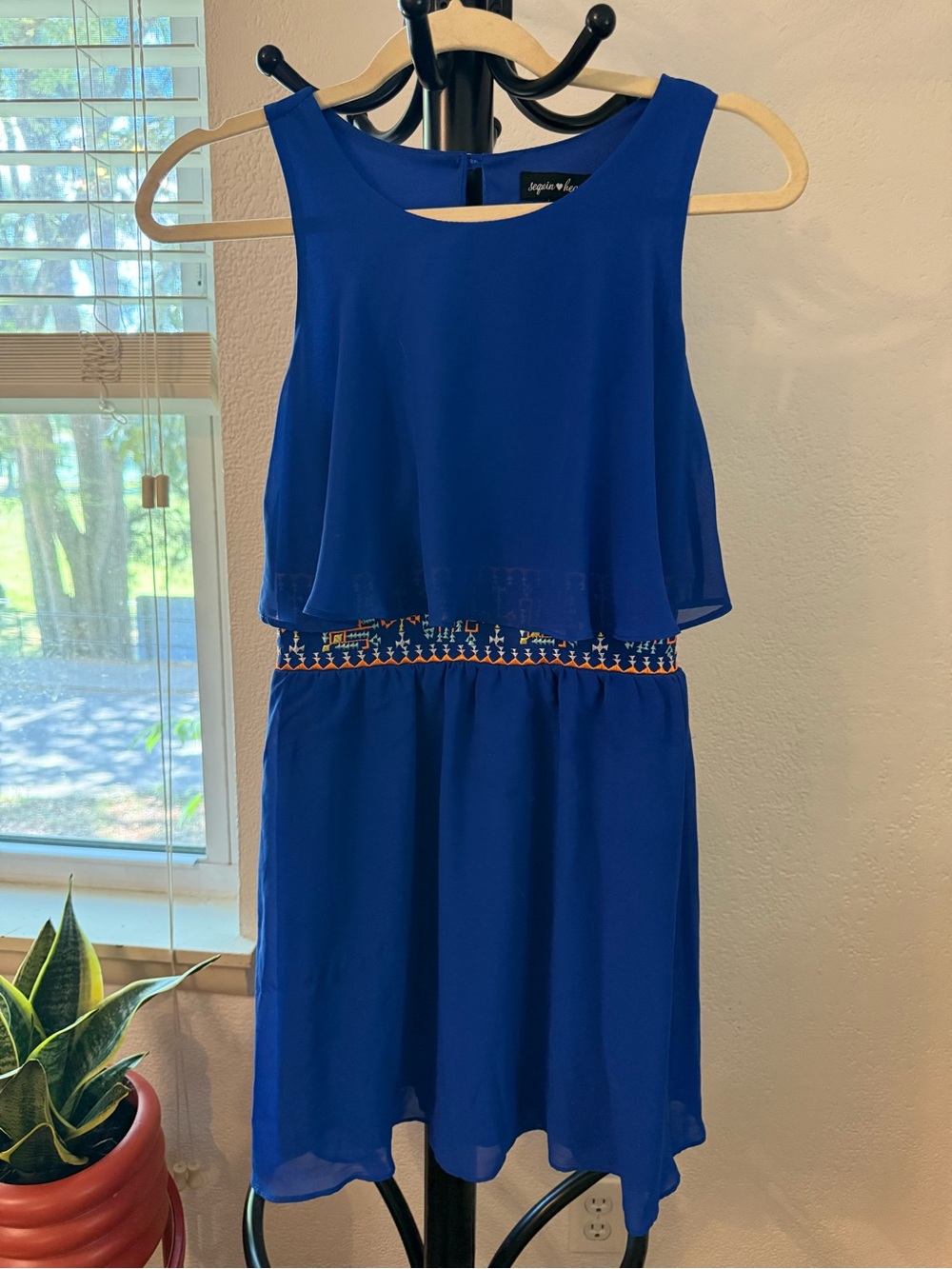 Sequin Hearts Cobalt Blue Chiffon Embroidered Boho Dress Small